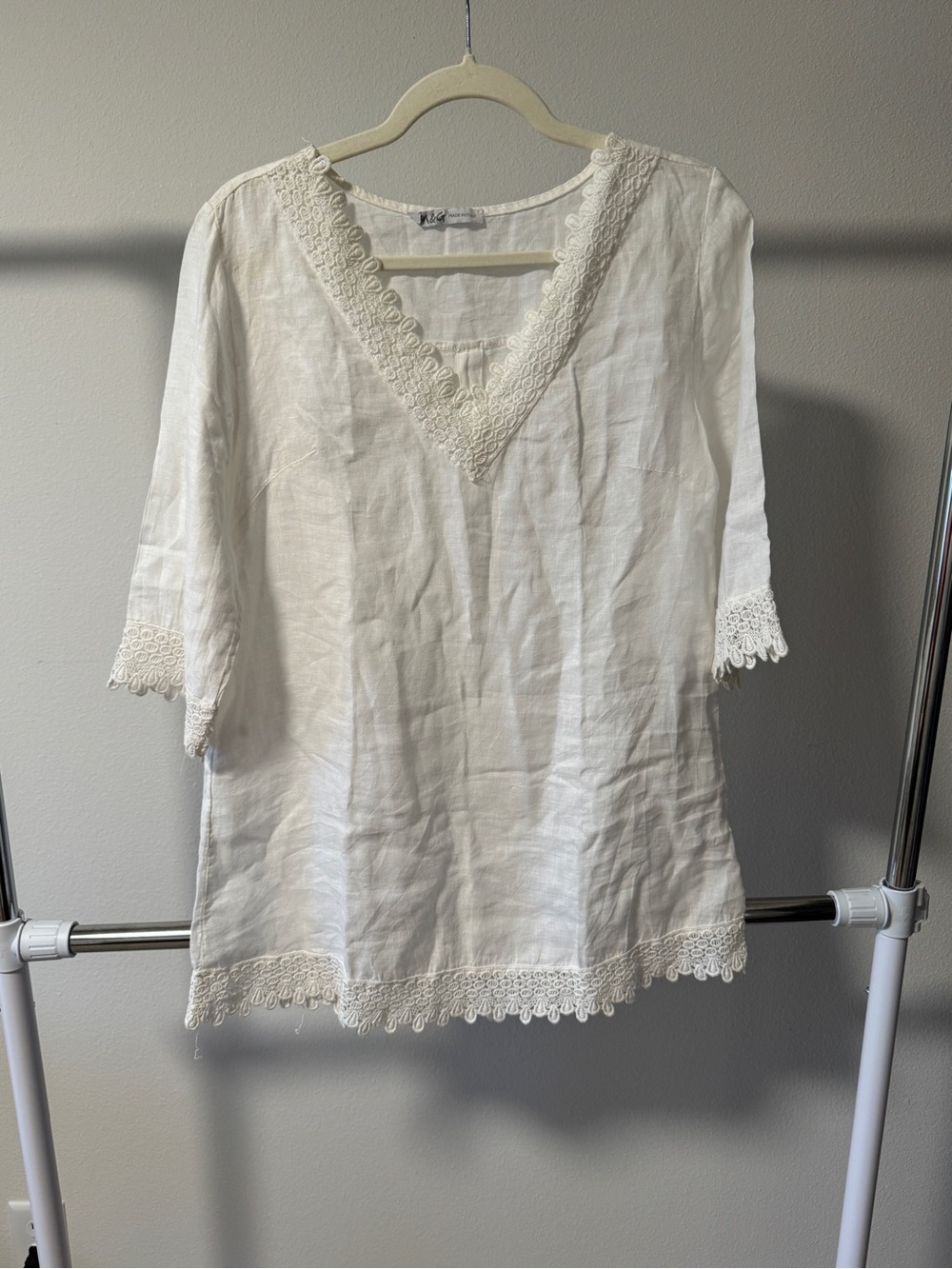 M&G Monogram 100% Linen Lace Trim Blouse Made in Italy Size 3L White